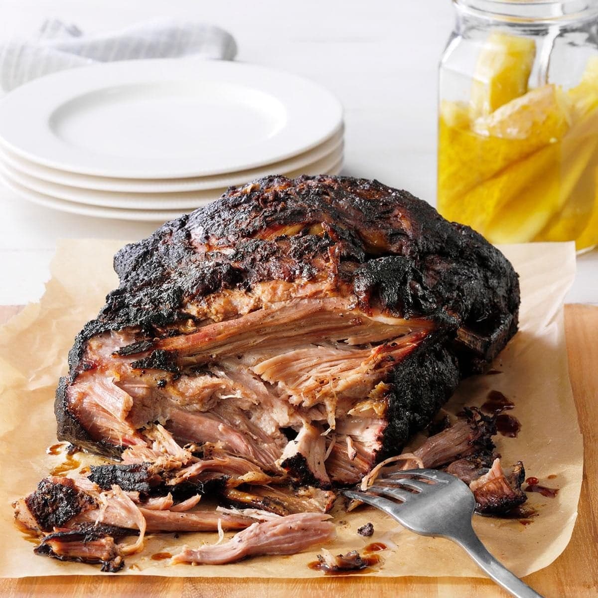 Mustard-Bark Smoked Pork Butt with Apple Wood - Image