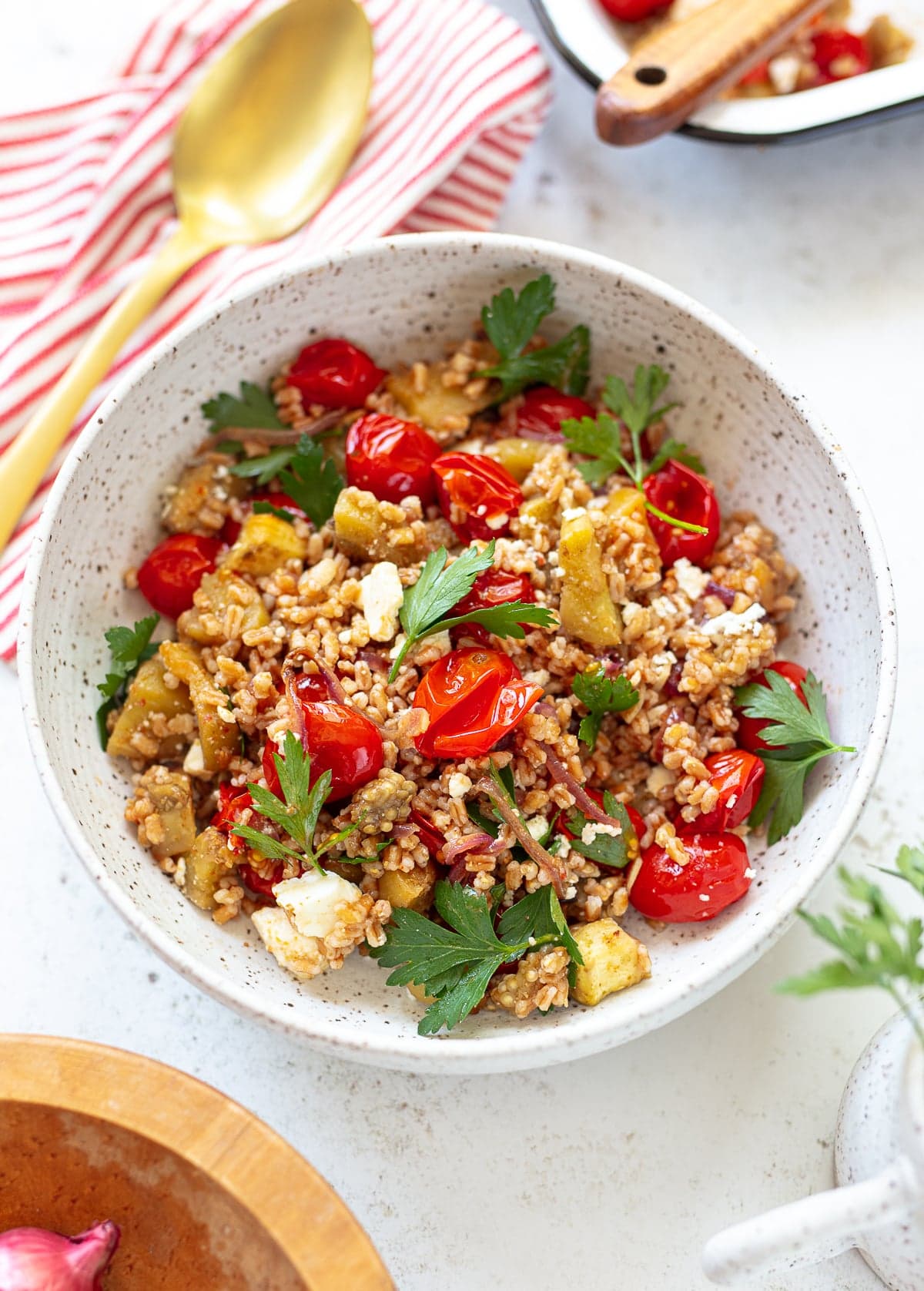 Mediterranean Farro Bowl with Roasted Eggplant and Tomatoes - Image