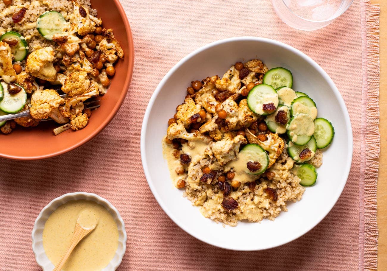 Roasted Cauliflower and Chickpea Quinoa Bowls with Curried Tahini - Image