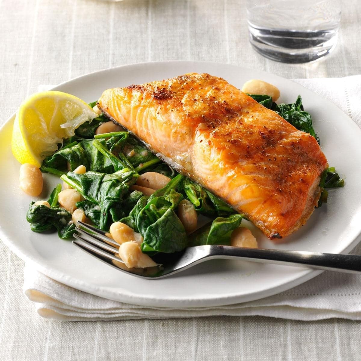 Broiled Salmon with Garlicky White Beans and Spinach - Image