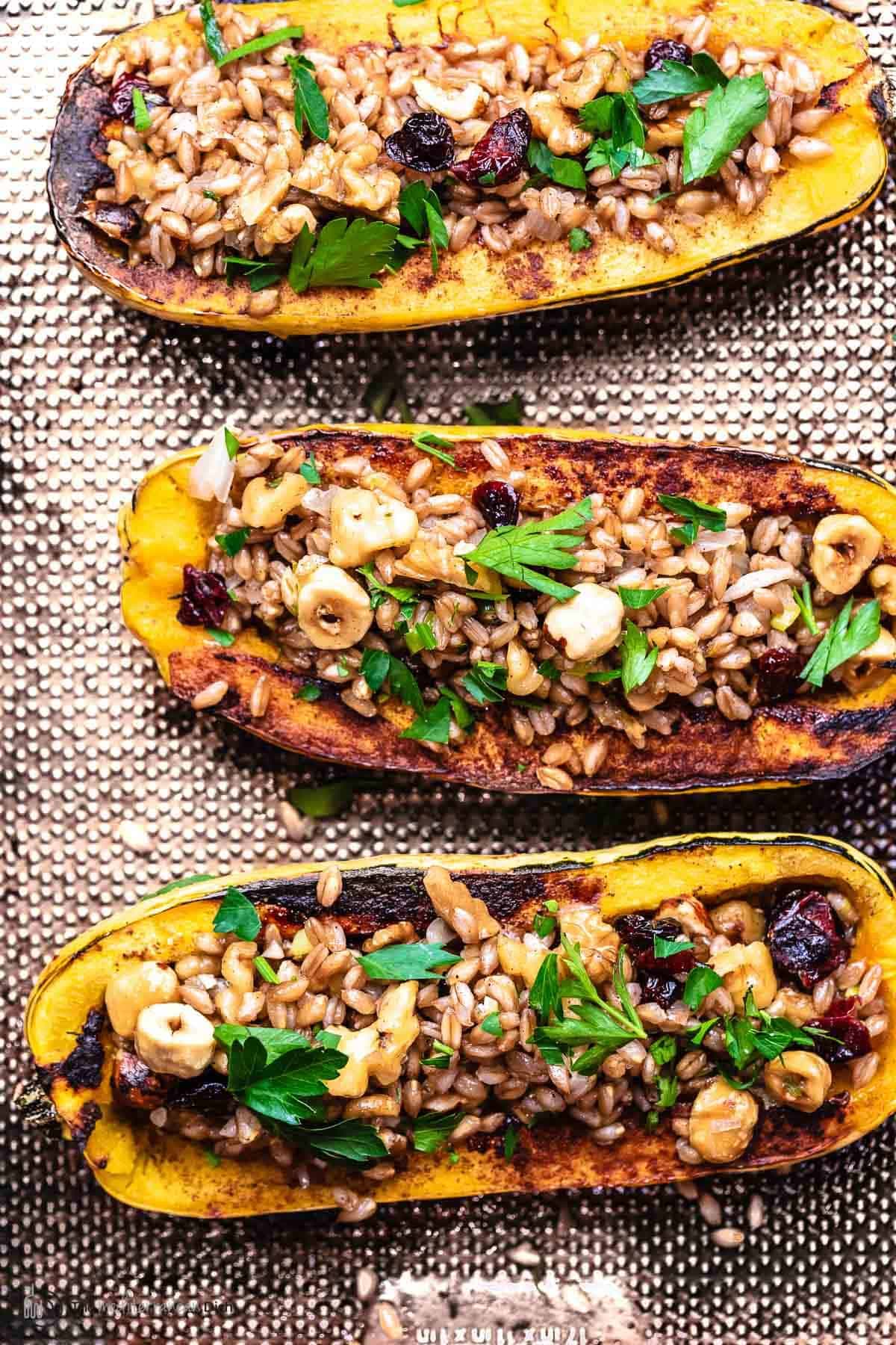 Roasted Stuffed Delicata Squash with Farro and Toasted Nuts