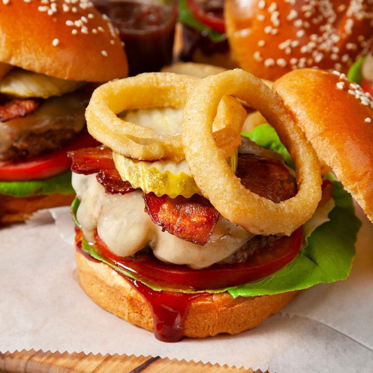 BBQ Bacon Burgers with Crispy Onion Rings - Image
