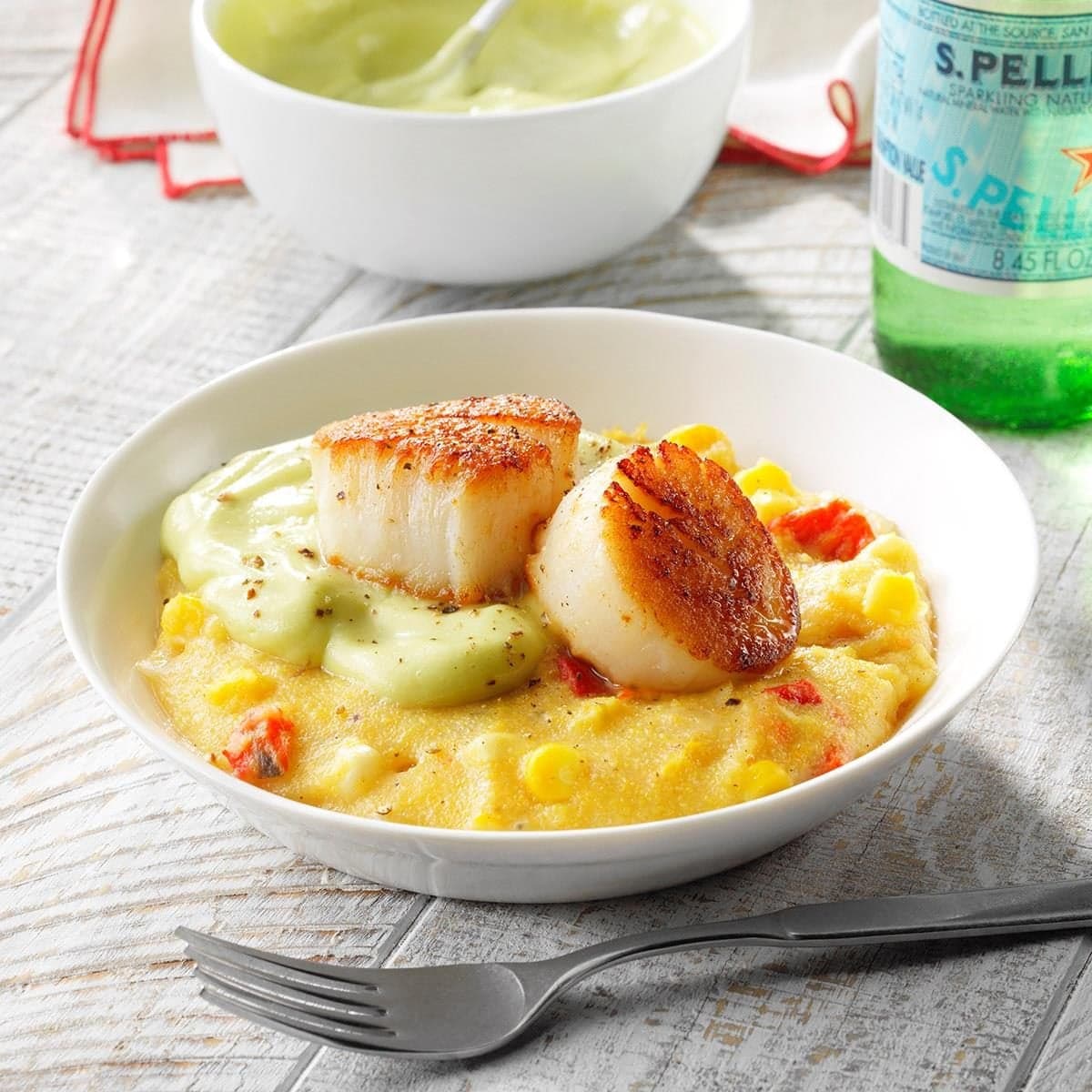 Seared Scallops with Sweet Corn Polenta and Avocado Cream - Image